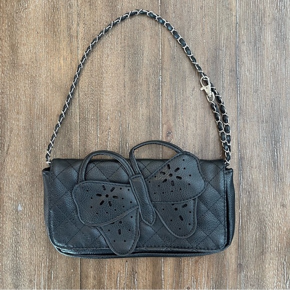 Mini Pouchet Shoulder Bag Crossbody Quilted Butterfly 90’s Y2K Embossed Black - Picture 1 of 7